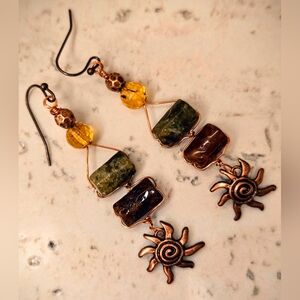 Nile Priestess' Sacred Green & Brown Garnets In Antique Copper Artisan Earrings